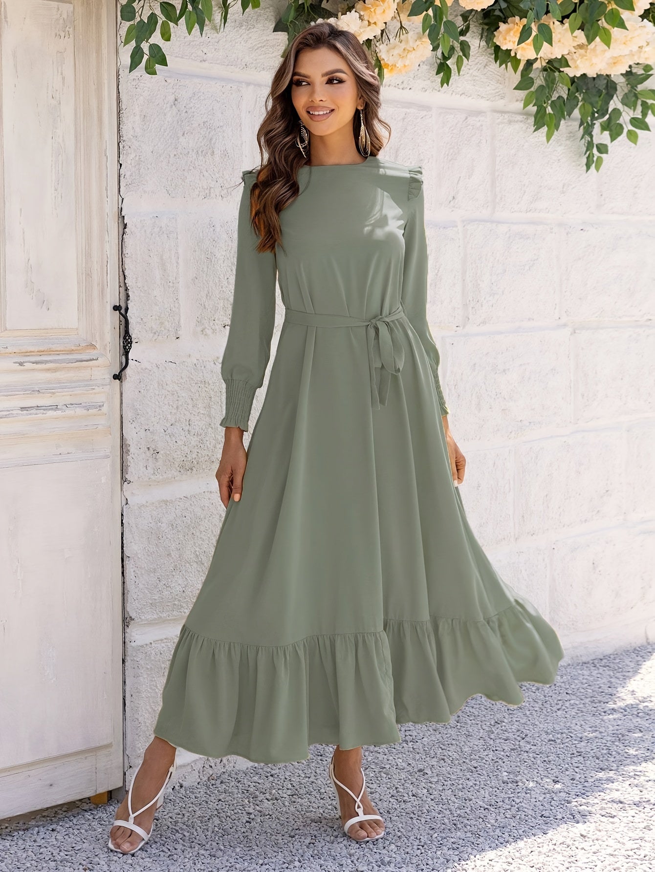 Grünes Maxikleid mit Bindegürtel - Leila