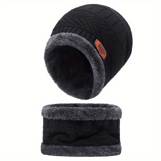 Schwarze Thermo-Strickmütze mit Schal - Bequeme Winter-Set für Outdoor Aktivitäten