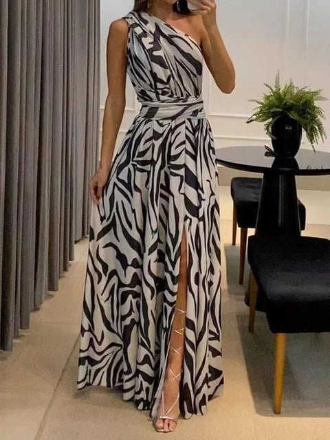 Natalia - Schwarz-Weißes Zebra-Maxikleid