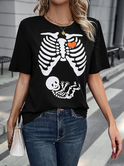 Schwarzes Halloween-T-Shirt mit Skelett-Aufdruck - Rundhalsausschnitt