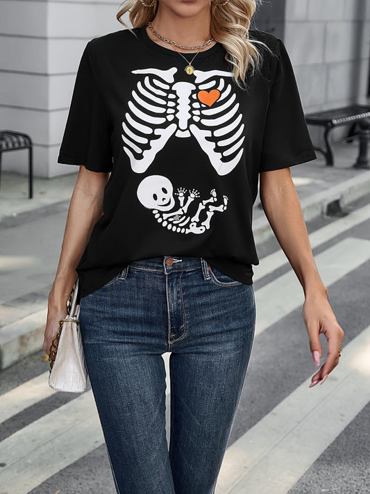 Schwarzes Halloween-T-Shirt mit Skelett-Aufdruck - Rundhalsausschnitt