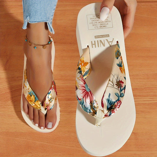 Beige Flip-Flops mit floralem Muster und Komfortsohle - Leila