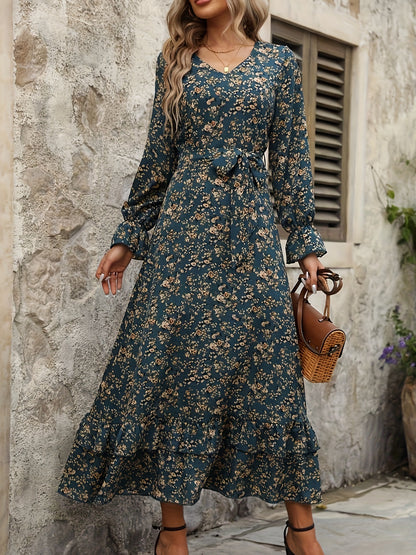 Dunkelgrünes Blumenkleid mit Gürtel - Lena