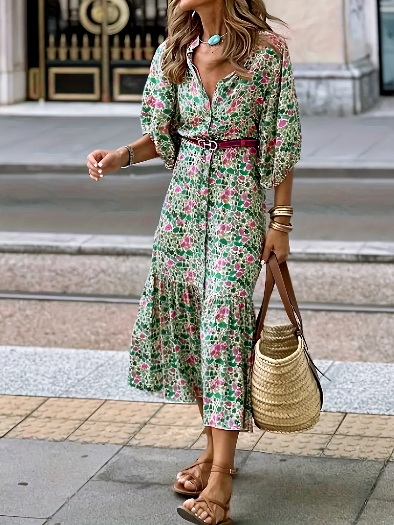 Grünes Blumenkleid mit Gürtel - Lena