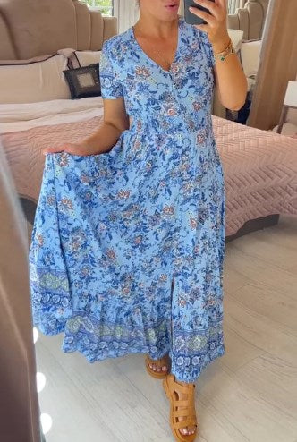 Blaues Maxikleid mit Blumenmuster - Sophie