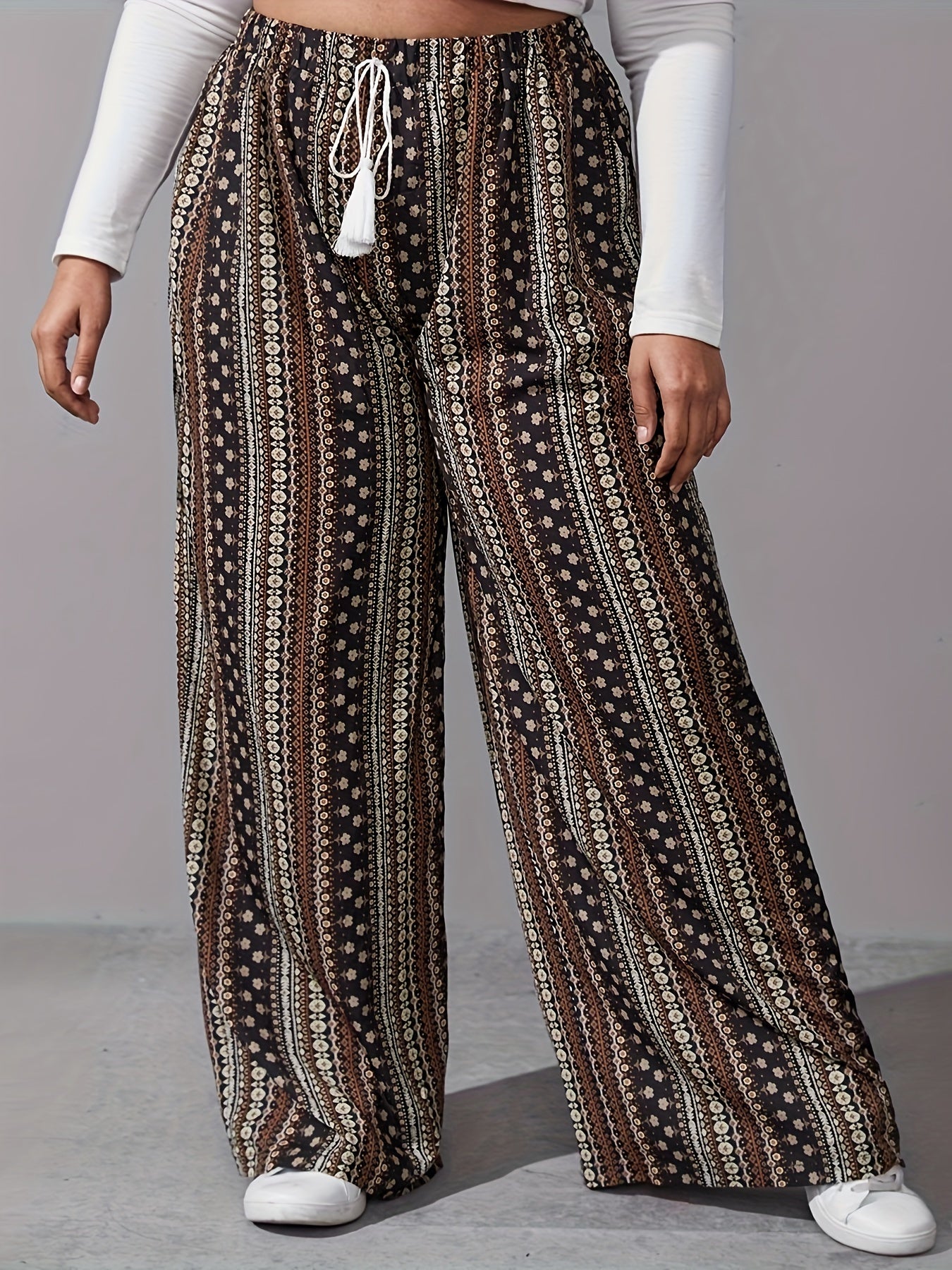 Bunte weite Boho-Hose mit Ethnomuster und Kordelzug - Mila