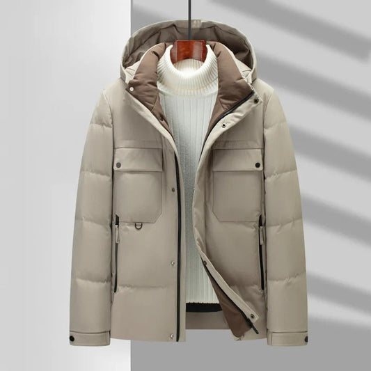 Beige Daunenjacke - Warme Outdoor-Winterjacke mit Kapuze