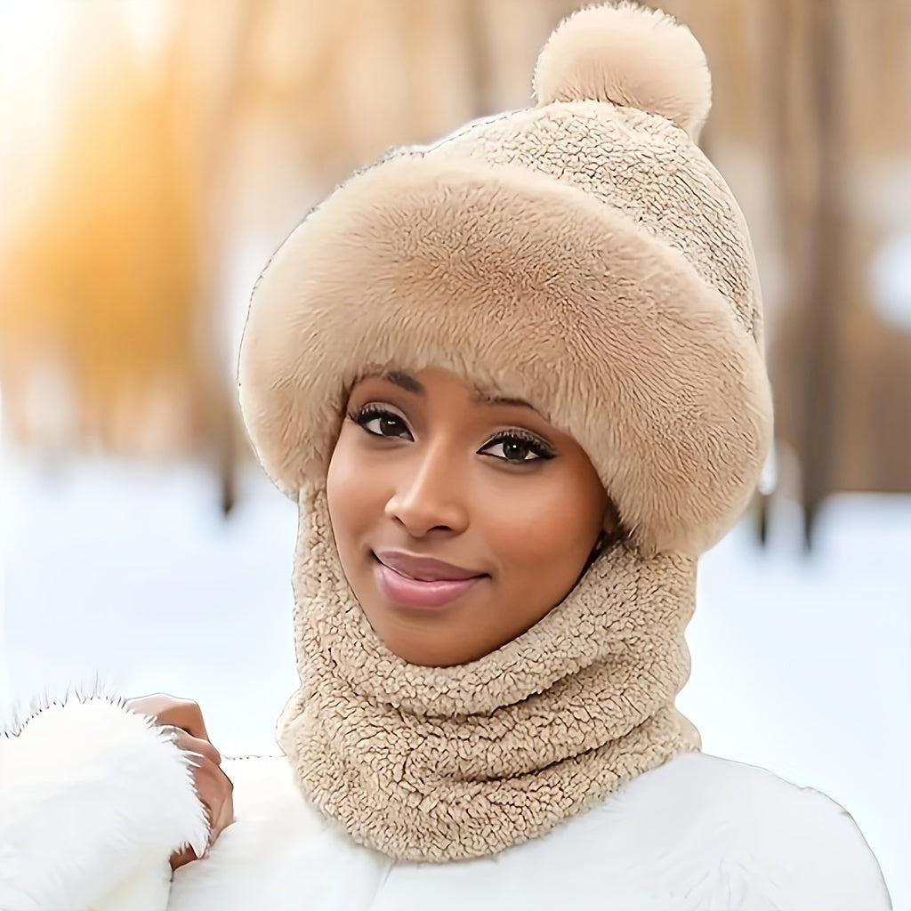 Beige Winter-Fleece-Mütze Set - Flauschiges Beanie mit Schal für Damen