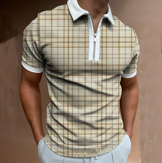 Kariertes Poloshirt in Beige mit Reißverschlusskragen - Leonard