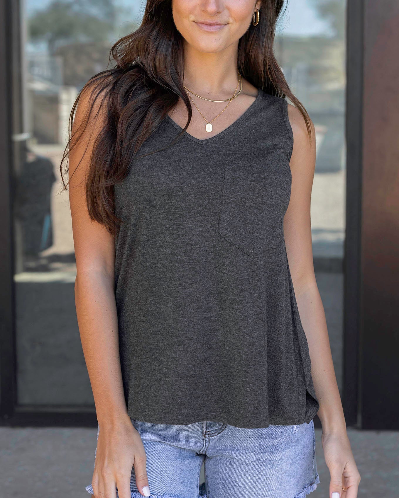 Back stock shot of Charcoal Perfect Pocket V-Neck Tank