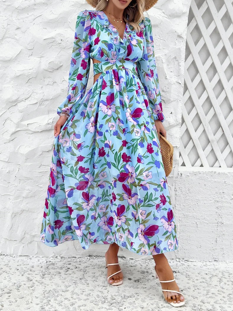 Amelia - Florales Maxikleid in Himmelblau