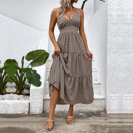 Clara - Taupe Geblümtes Maxikleid