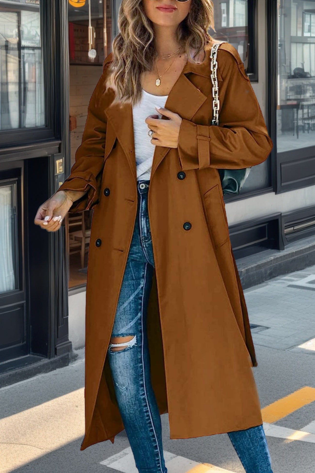 Zweireihiger Lange Trenchcoat Met Riem - Emily