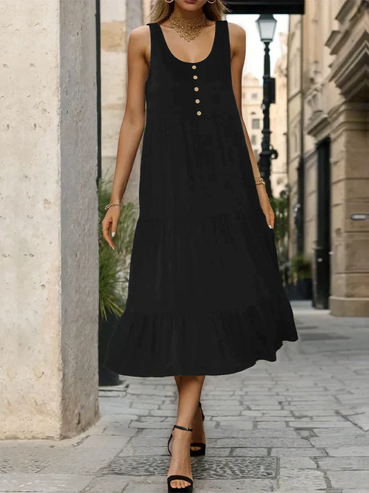 Nina – Schwarzes Midikleid mit Knöpfen