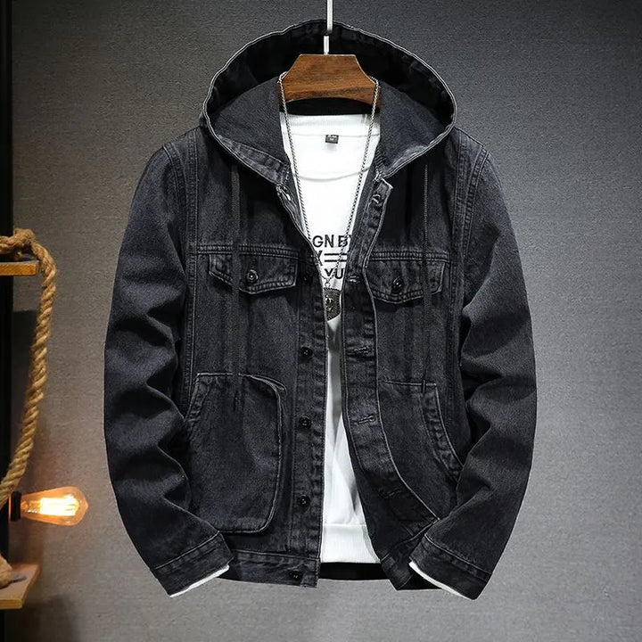 Herren-jeansjacke mit kapuze im vintage-stil