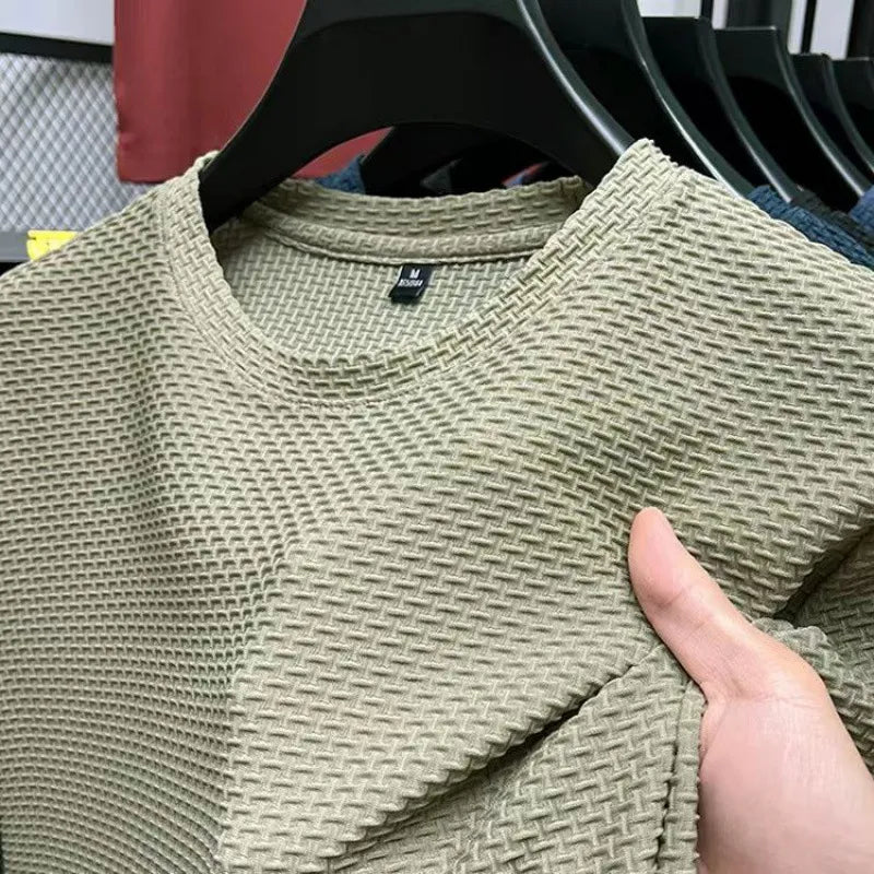 Olivgrünes Texturshirt mit Rundhalsausschnitt und Waffelmuster - Max