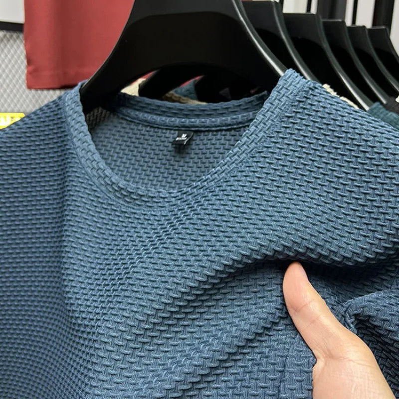 Olivgrünes Texturshirt mit Rundhalsausschnitt und Waffelmuster - Max