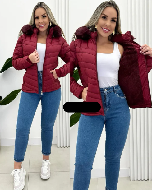 Weiße Steppjacke mit Fellkapuze – Anna