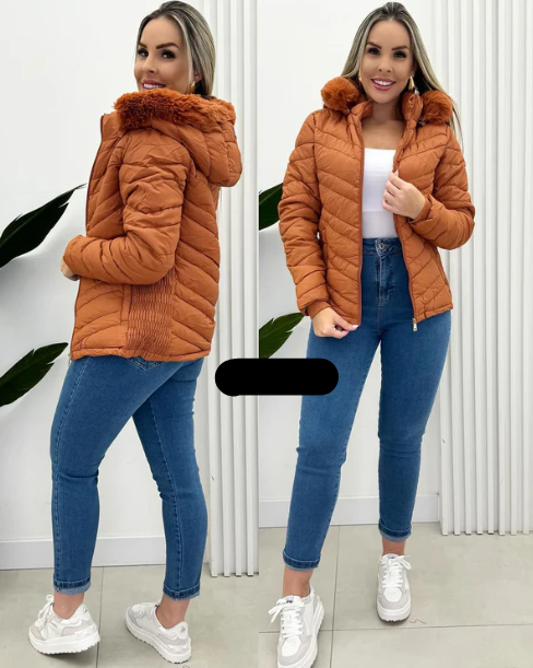 Weiße Steppjacke mit Fellkapuze – Anna