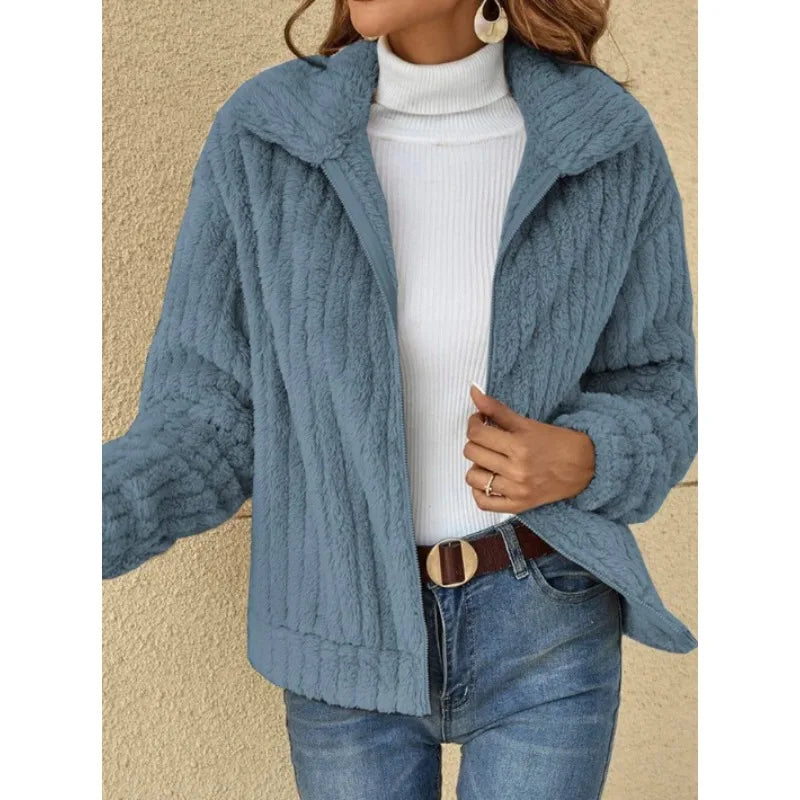 Damen Kurzjacke Plüsch Blau - Leona