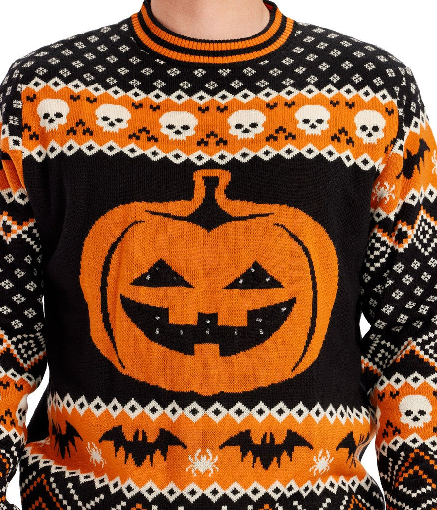 Schwarzer und oranger Halloween-Pullover mit leuchtendem Kürbis – LED Sweater Max