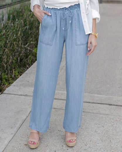 Melissa styled Chambray Wash Tencel™ Lyocell Drawstring Wide Leg Pants