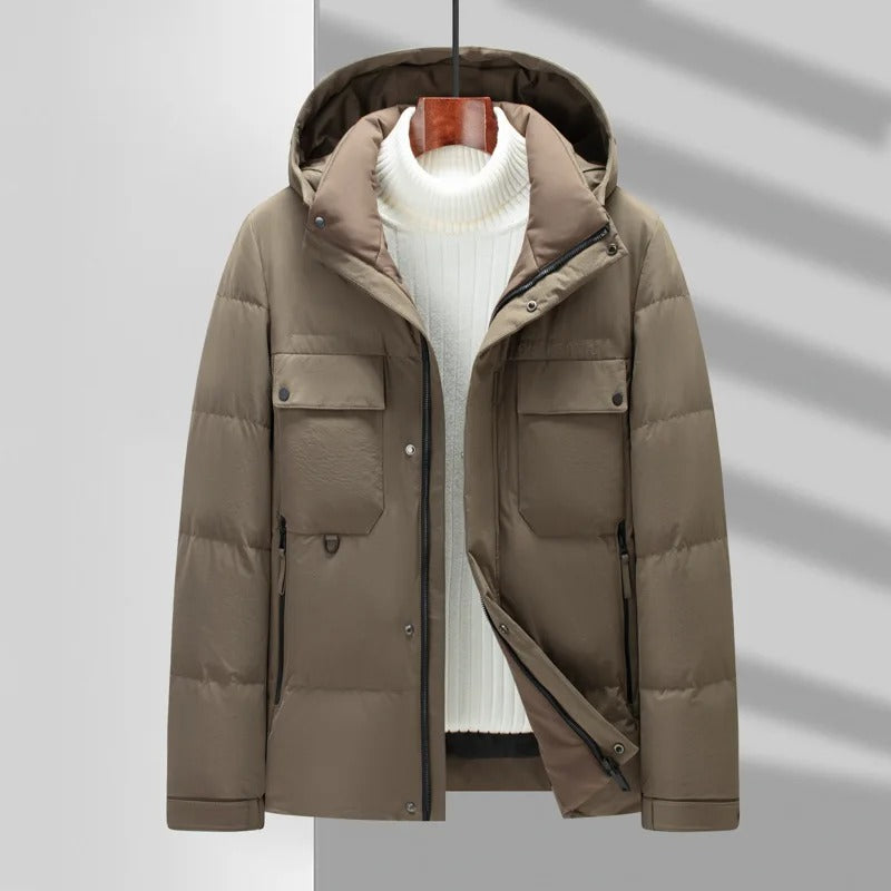 Beige Daunenjacke - Warme Outdoor-Winterjacke mit Kapuze