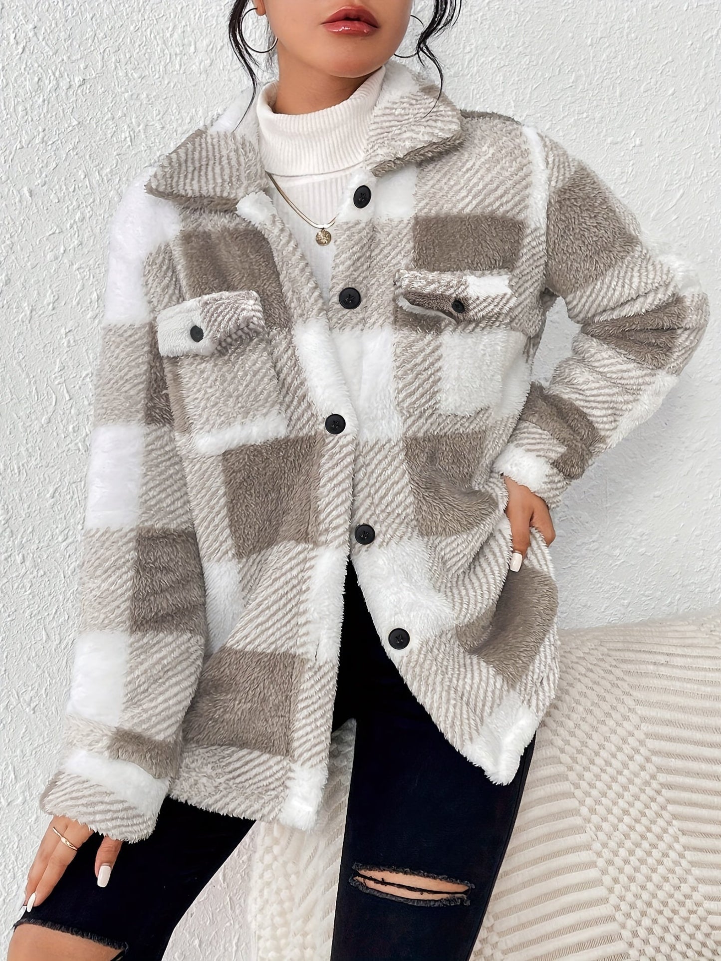 Kariertes Teddy-Jacke Beige - Flauschiger Karo-Look