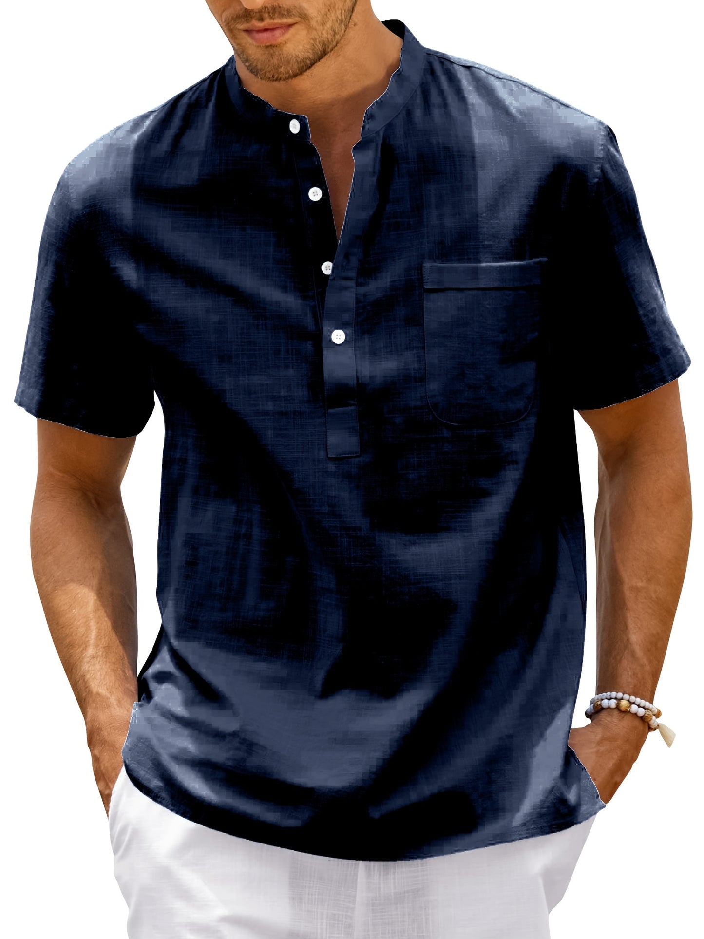 Leinen-Henley-Shirt mit Knopfleiste - Schwarz