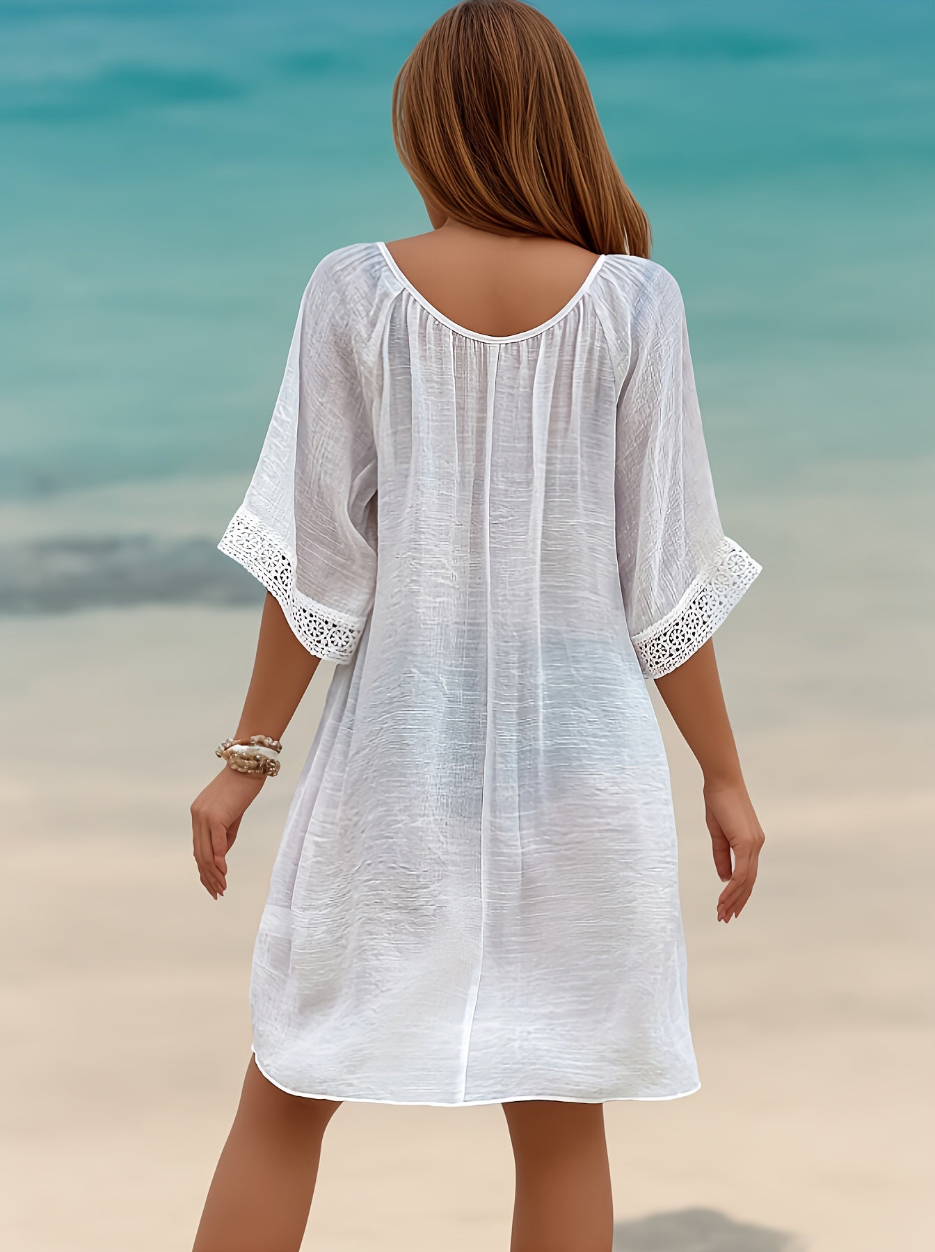 Weißes Strandkleid mit Spitze und Bindeband - Sophia