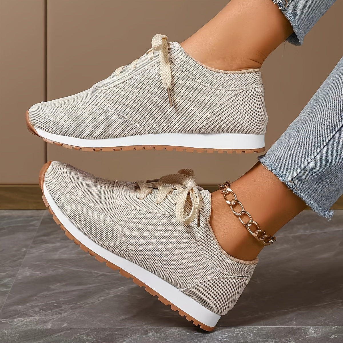 Beige Leinen-Look Sneakers - Damen Nora