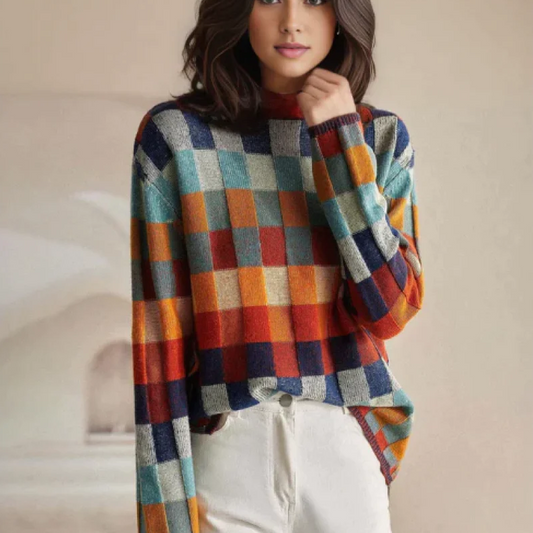 Bunter Rollkragenpullover mit Patchwork-Muster - Zoe