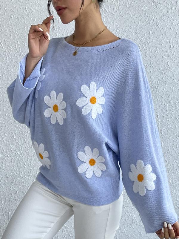 Mia – Blauer Blumenstickerei-Pullover