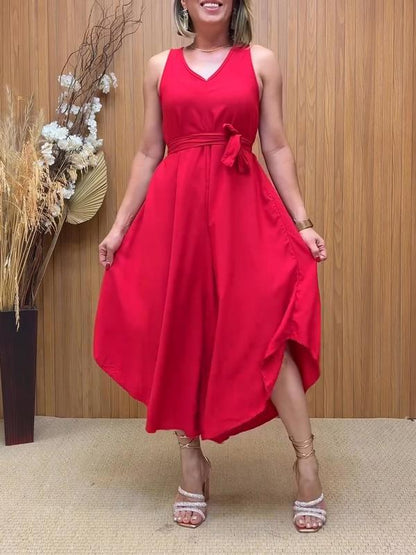 Clara – Rotes V-Ausschnitt Midi-Kleid