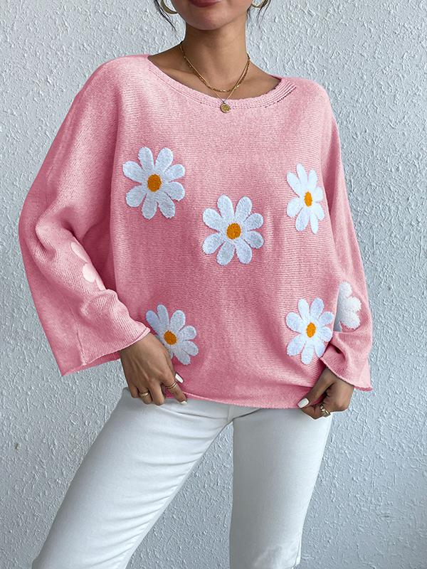 Mia – Blauer Blumenstickerei-Pullover