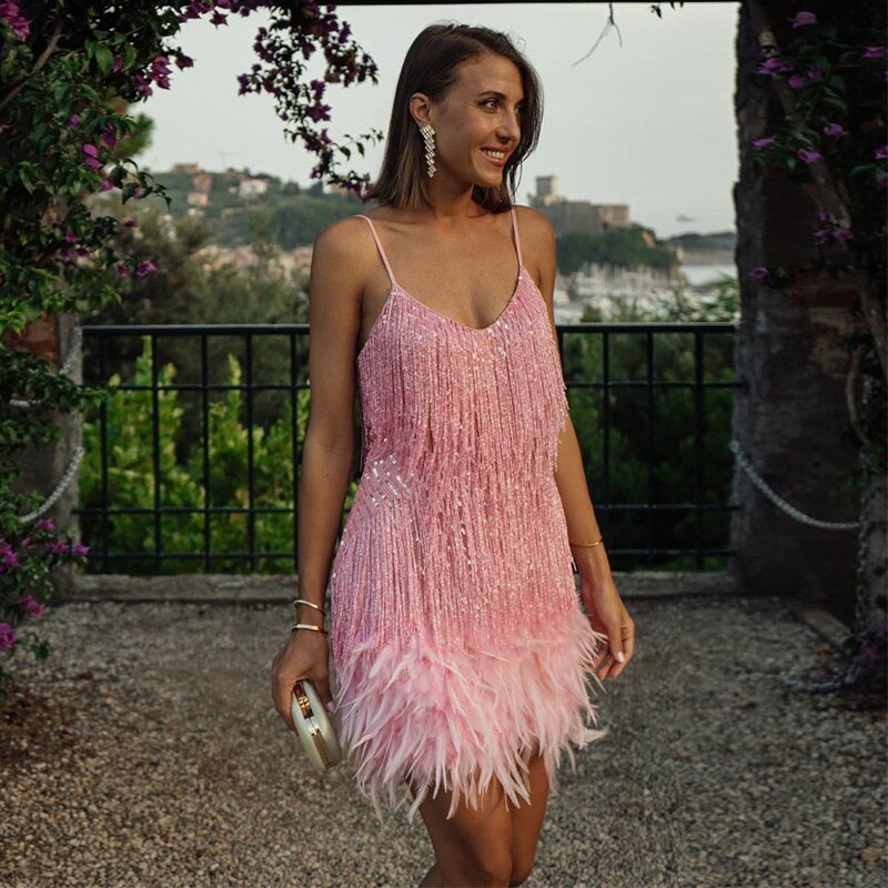 Weißes Pailletten-Feather-Cocktailkleid - Samba