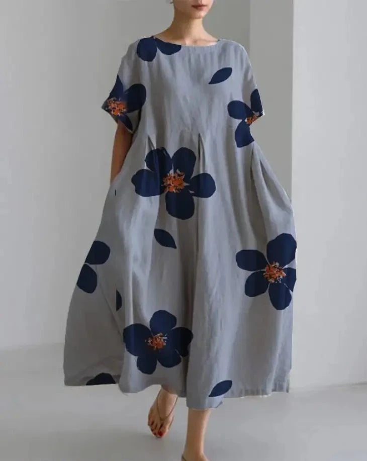 Weißes Kleid mit großen grünen Blumen und Taschen - Laura