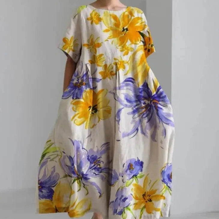 Weißes Kleid mit großen grünen Blumen und Taschen - Laura